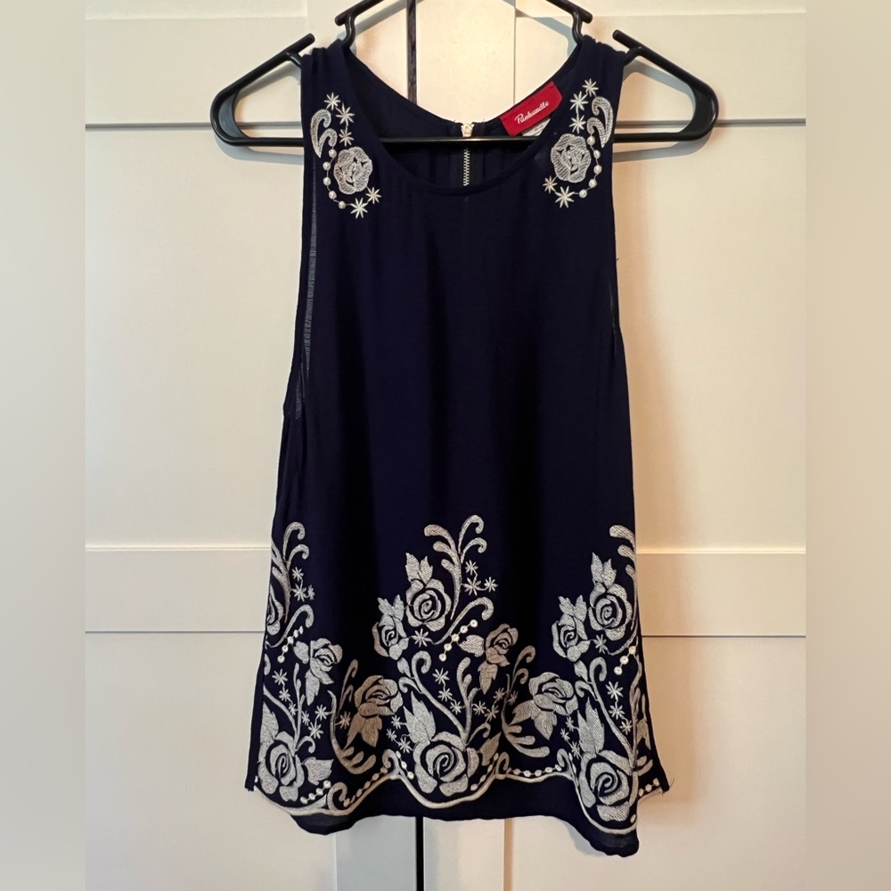 Embroidered Navy Sleeveless Top